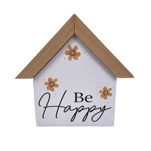 Ashland Be Happy Floral Home Freestanding Sign Farmhouse Natural Wood Decor